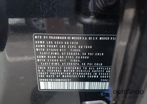 2022 Volkswagen Taos 1.5T S из США, поврежденный, VIN 3VVDX7B24NM058221